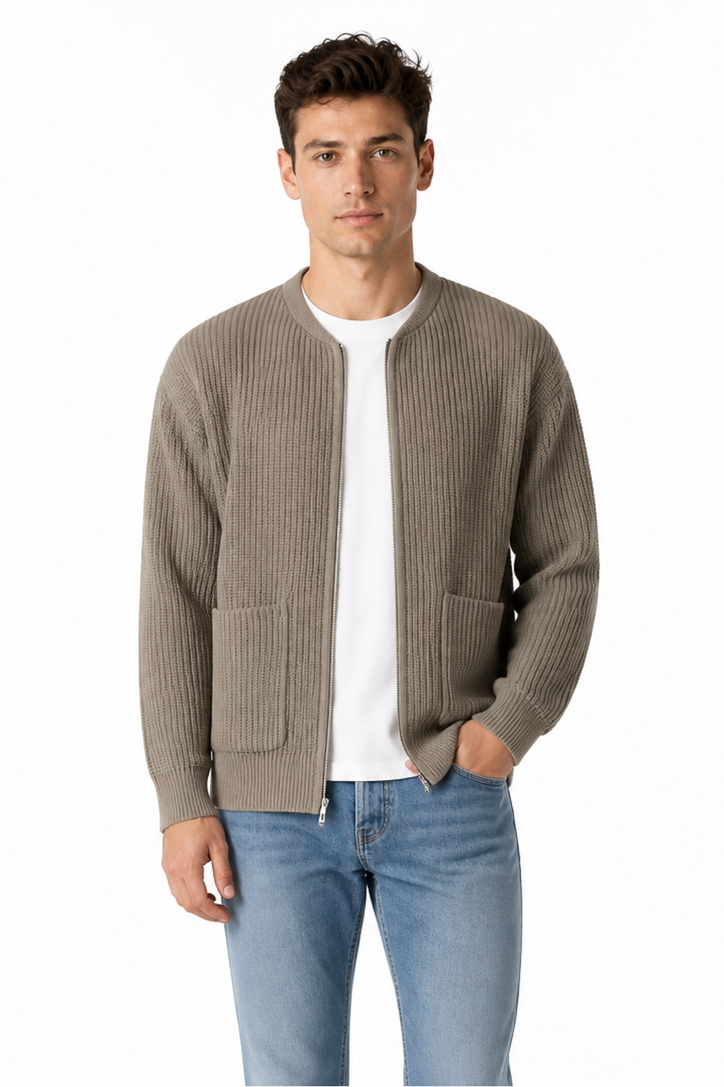 Men's Zip Cardigan Waffle Knit Funnel Neck, Khaki, front view