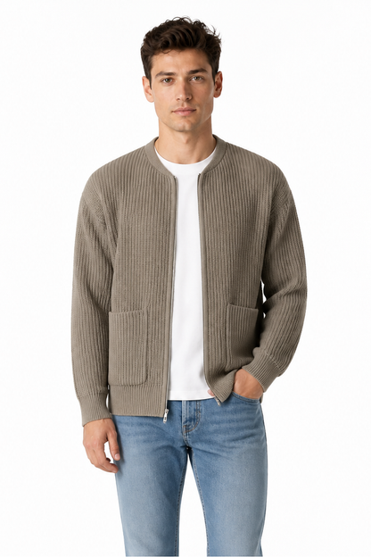 Men's Zip Cardigan Waffle Knit Funnel Neck, Khaki, front view