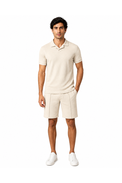 Liam | Waffle-Knit Polo Shorts Set - Khaki - front - group 4