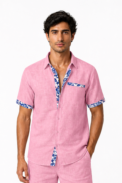 Men's Vacation Shirt Floral Trim Relaxed Fit, Pink, front view