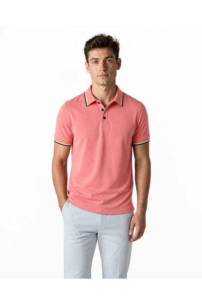 Isaac | Ribbed Stripe Polo Shirt - Watermelon Red - front - group 4