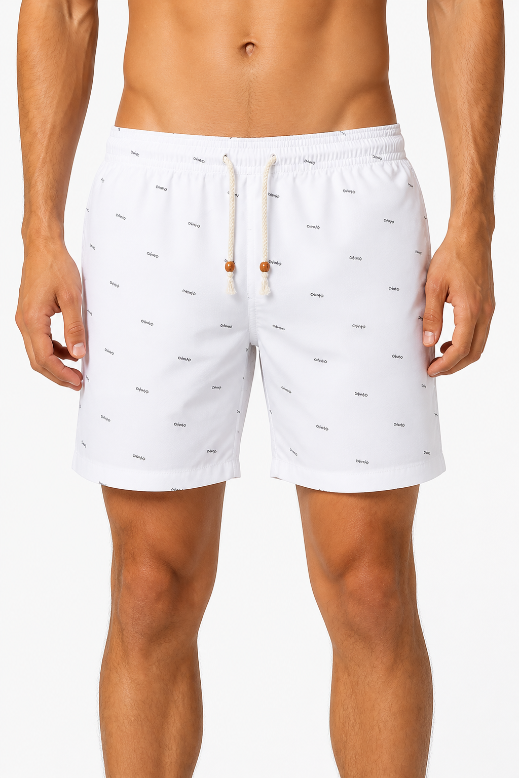 Men's Beach Shorts Printed Design Drawstring Waist, white, front view