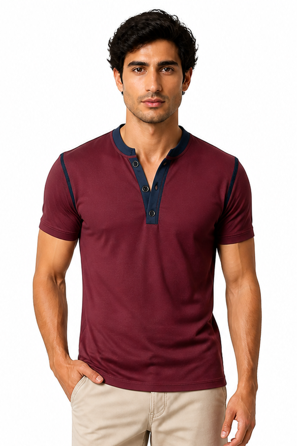 Men's Henley Shirt Contrast Trim Short Sleeves, Wine Red, front view