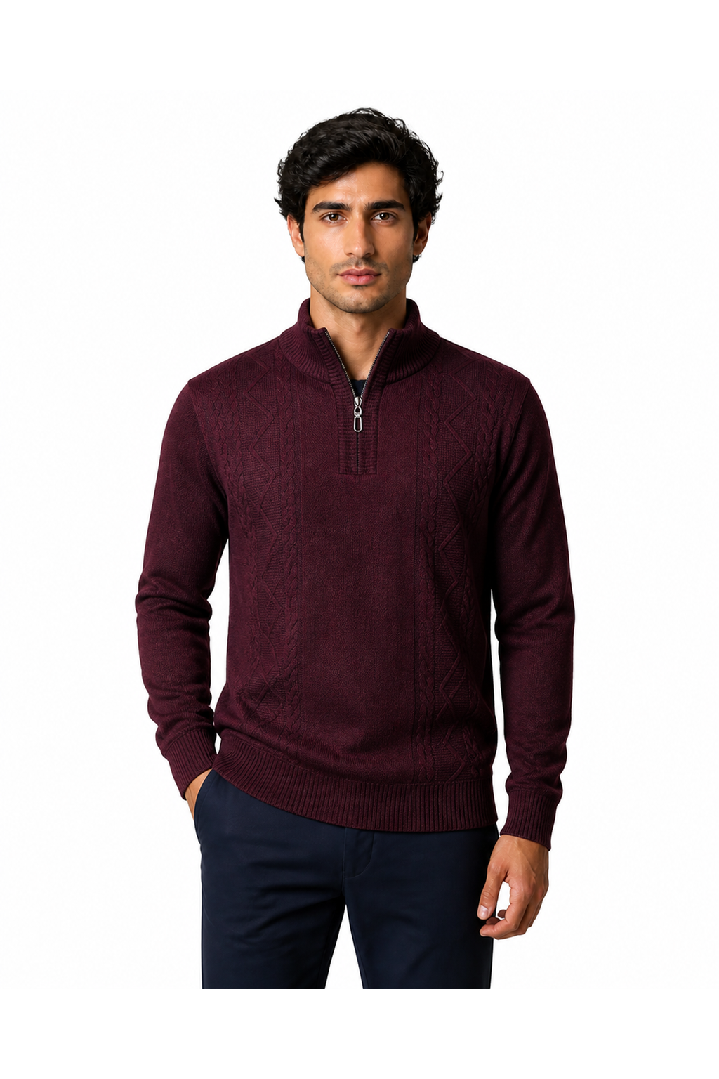 Kenneth | Cable-Knit Half-Zip Sweater - Wine Red - front - group 4