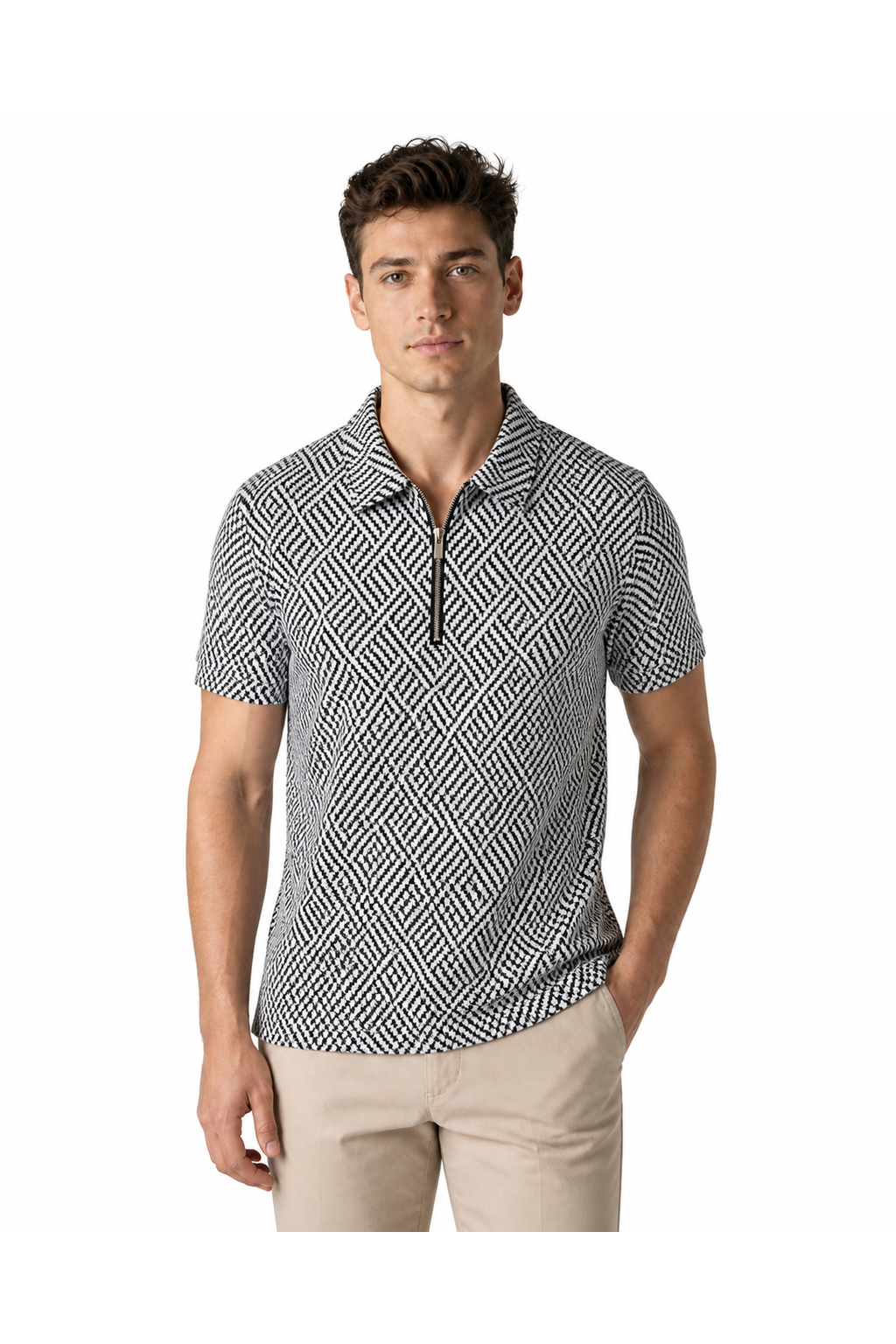 Victor | Check-Pattern Zip Polo - A Grey - front - group 5