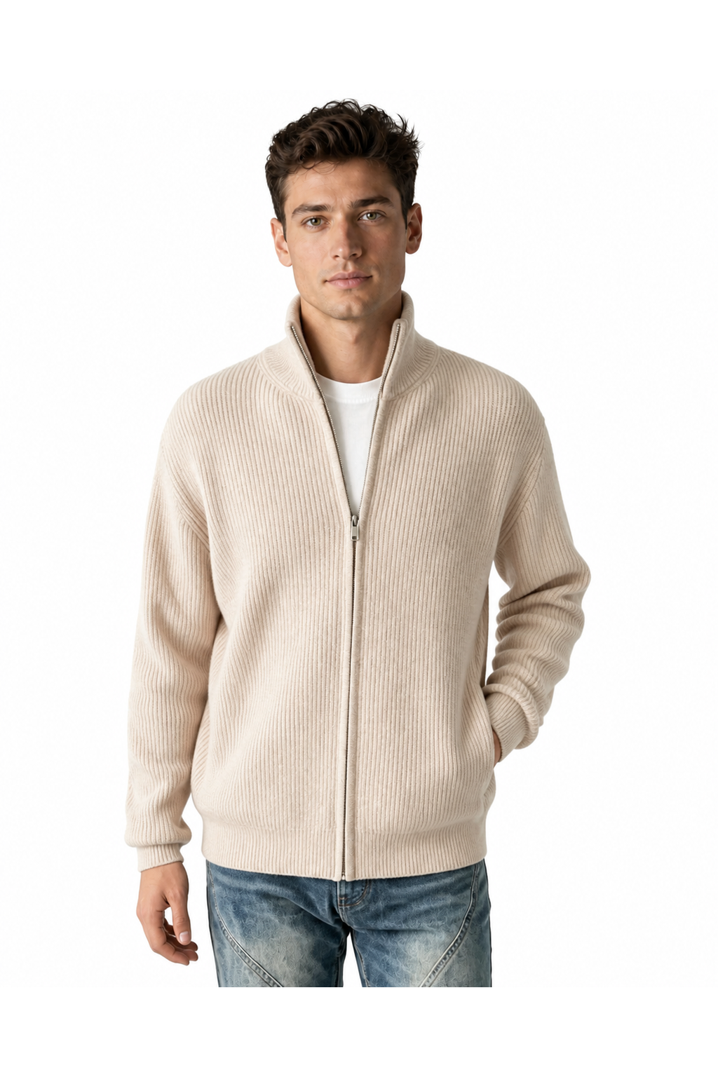 Raymond | Heavyweight Zip Cardigan - Apricot - front - group 5