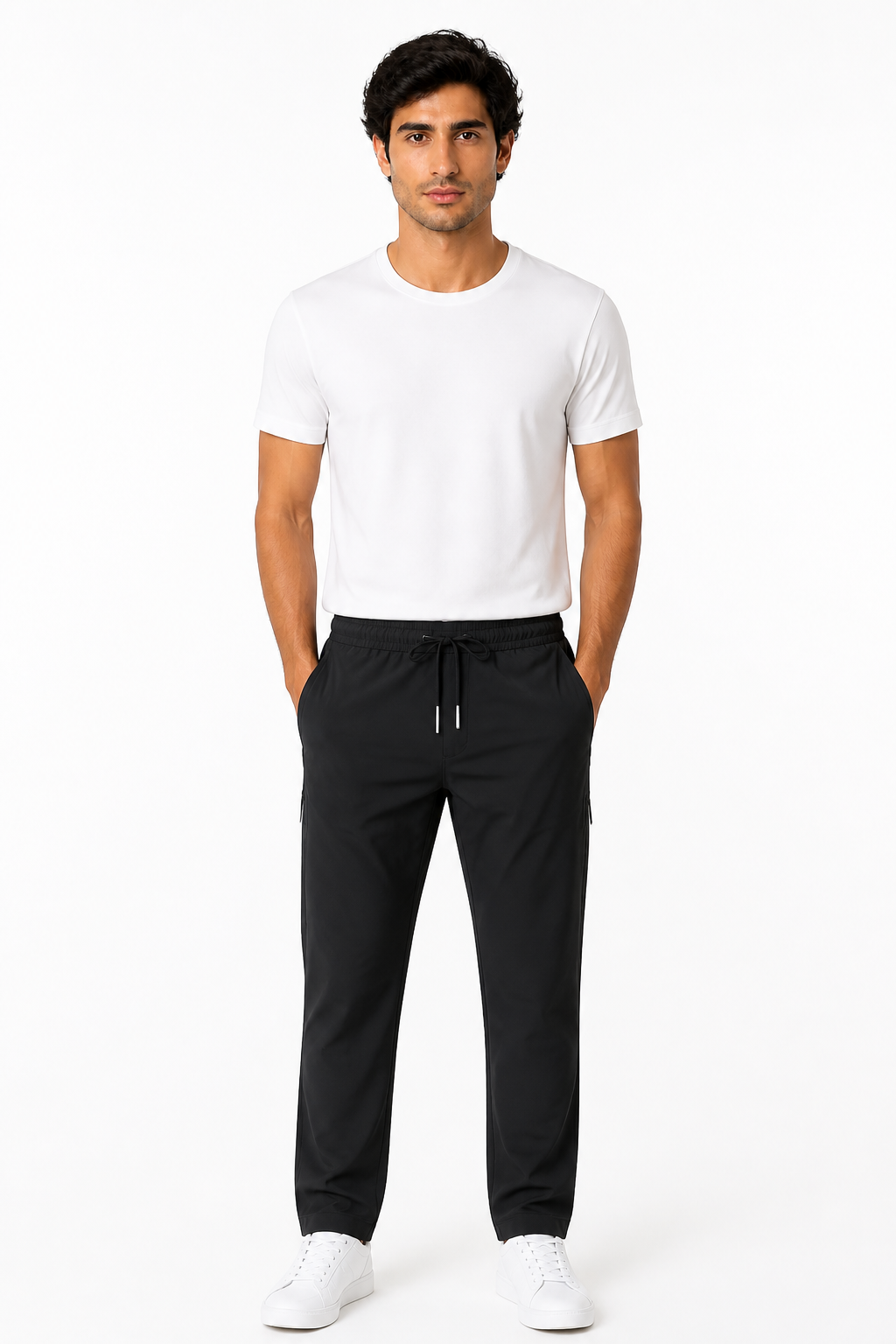 Men's Trousers Lightweight Fabric Drawstring Waist, Black and dark gray, front view