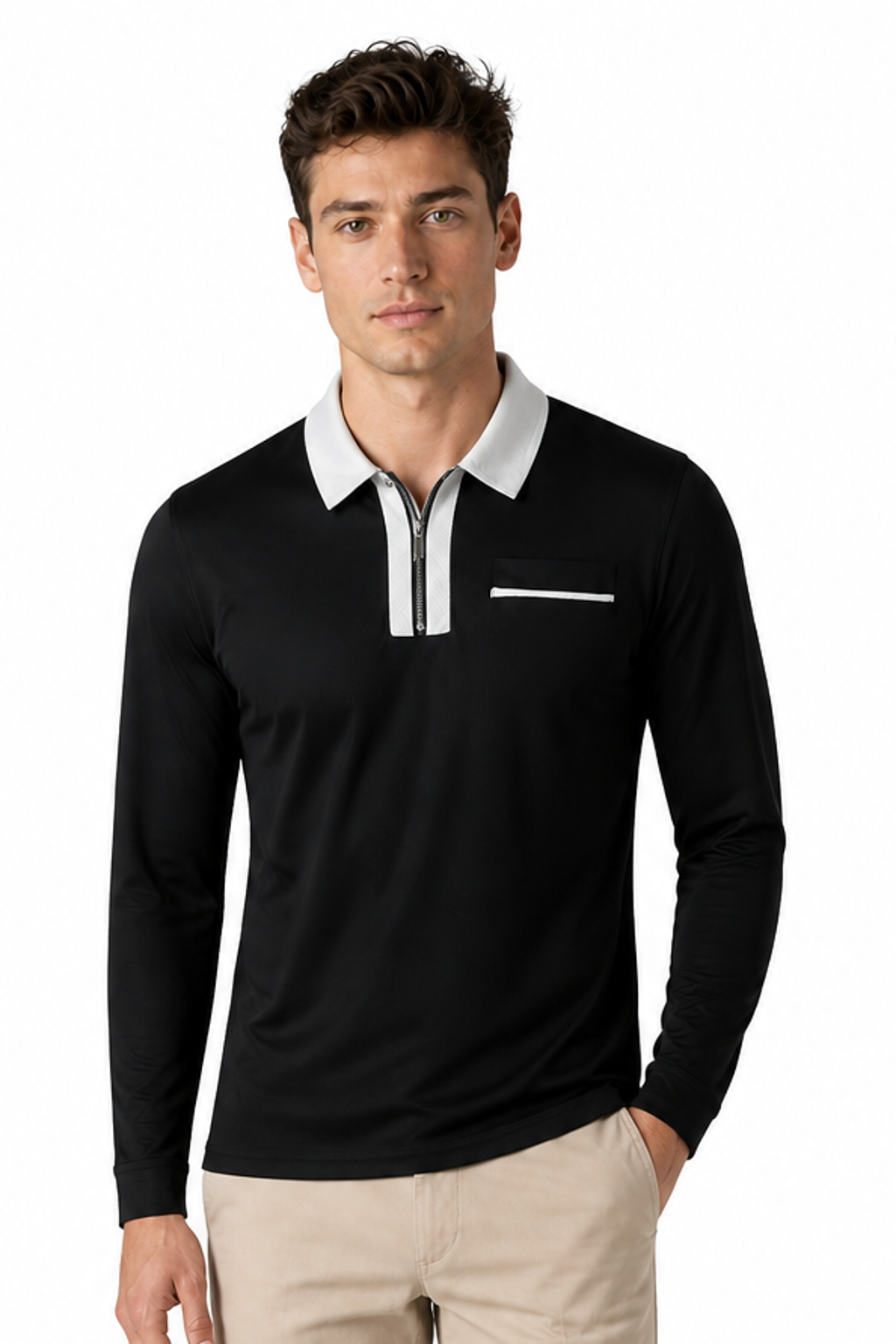 Men's Polo Shirt Contrast Collar Full Zip, Black With Gray, front view