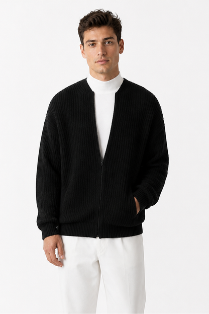 Men's Zip Cardigan Waffle Knit Funnel Neck, Black, front view