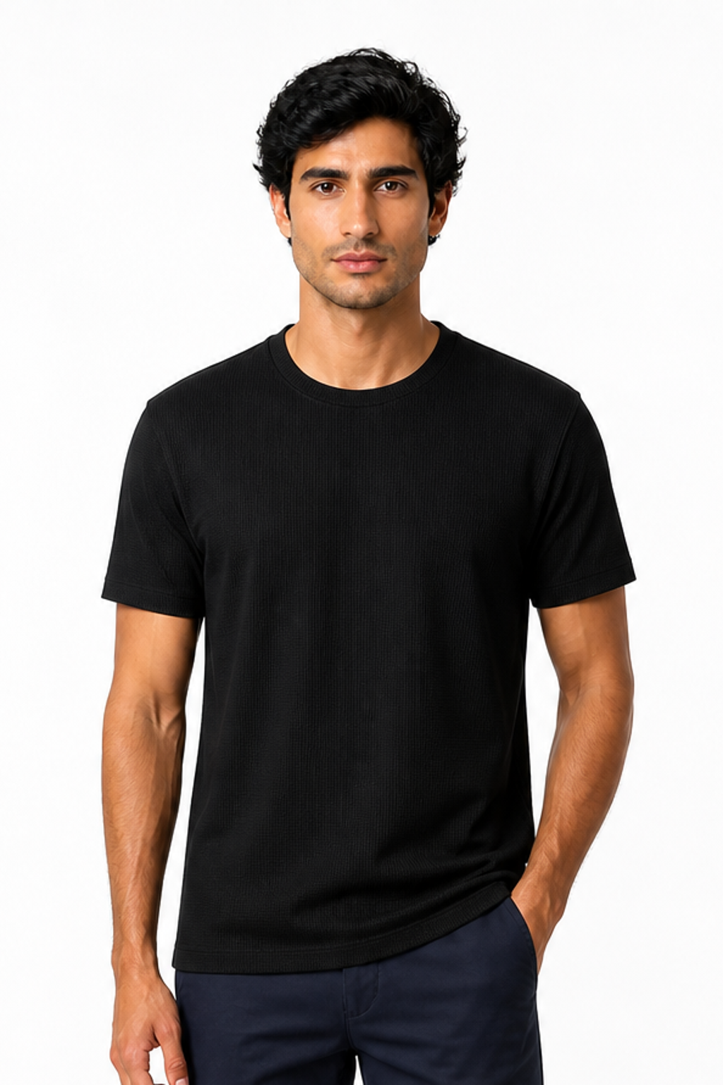 Men's T-Shirt Textured Fabric Crew Neck, Black, front view