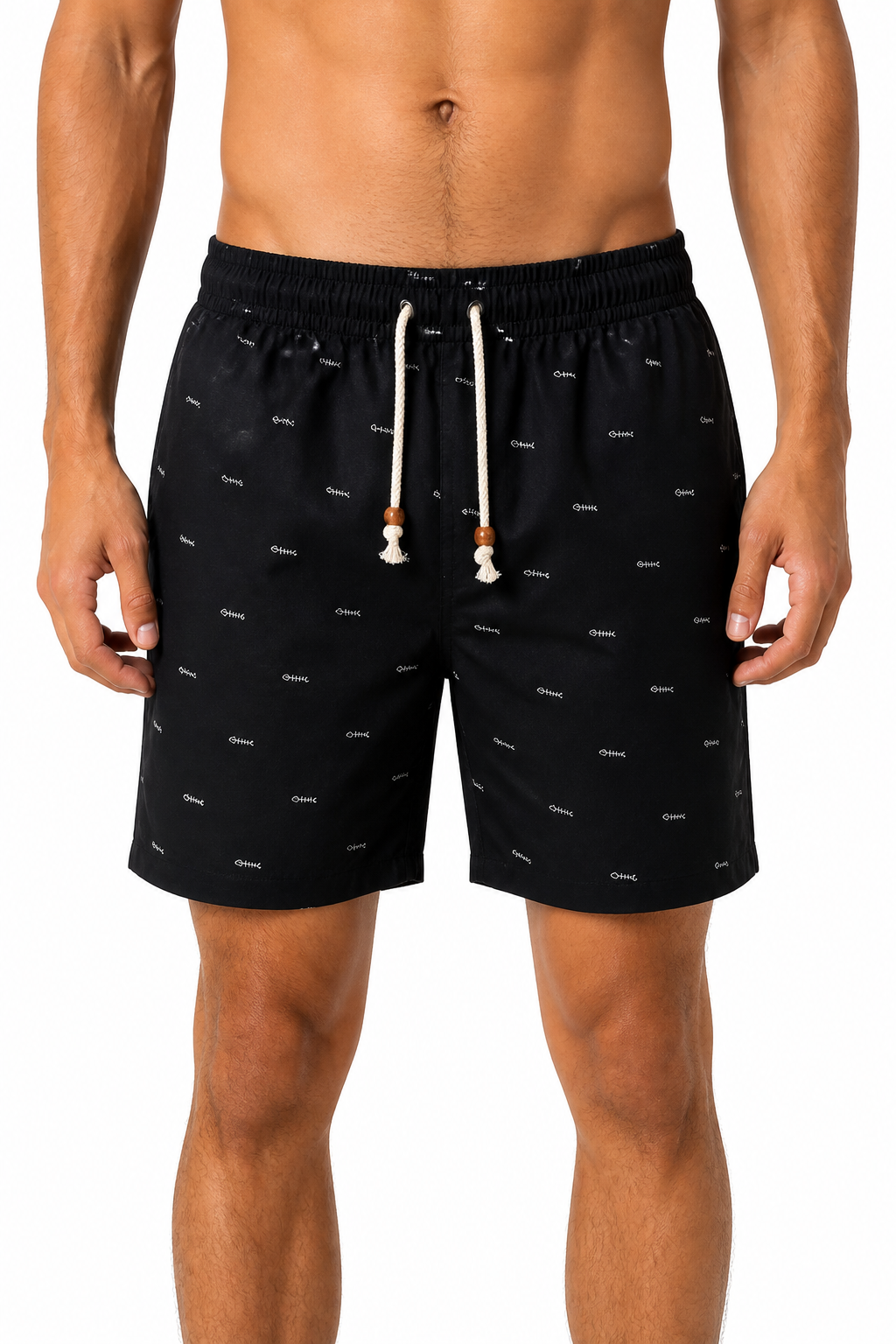 Men's Beach Shorts Printed Design Drawstring Waist, black, front view