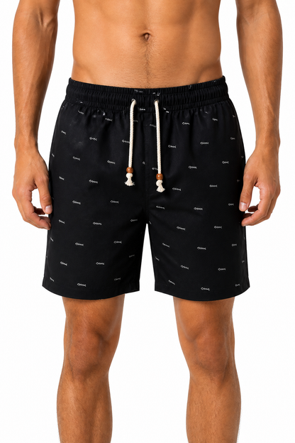 Men's Beach Shorts Printed Design Drawstring Waist, black, front view