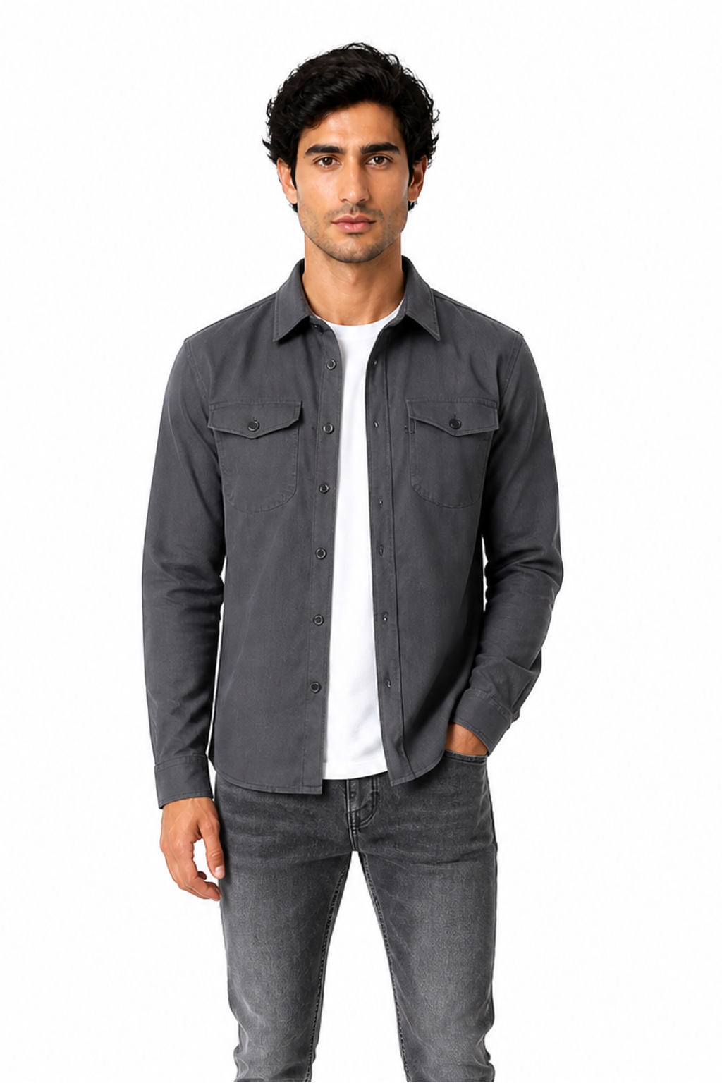 Men's Overshirt Brushed Fabric Double Pockets, Dark Gray, front view