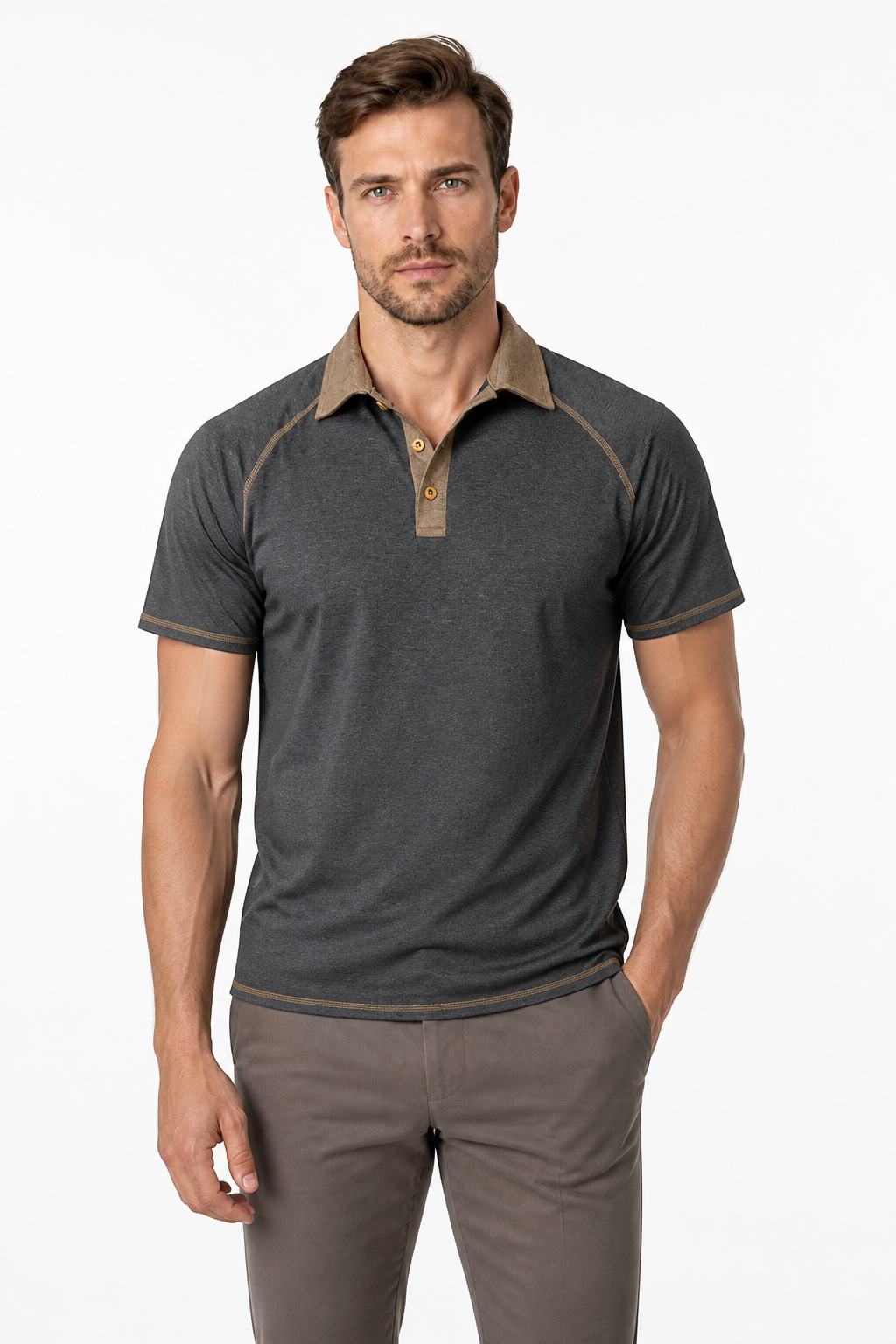 Men's Polo Shirt Contrast Stitching Short Sleeves, Dark Gray, front view