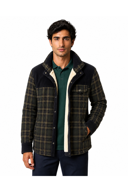 Malcolm | Sherpa-Lined Plaid Jacket - Deep Army - front - group 5