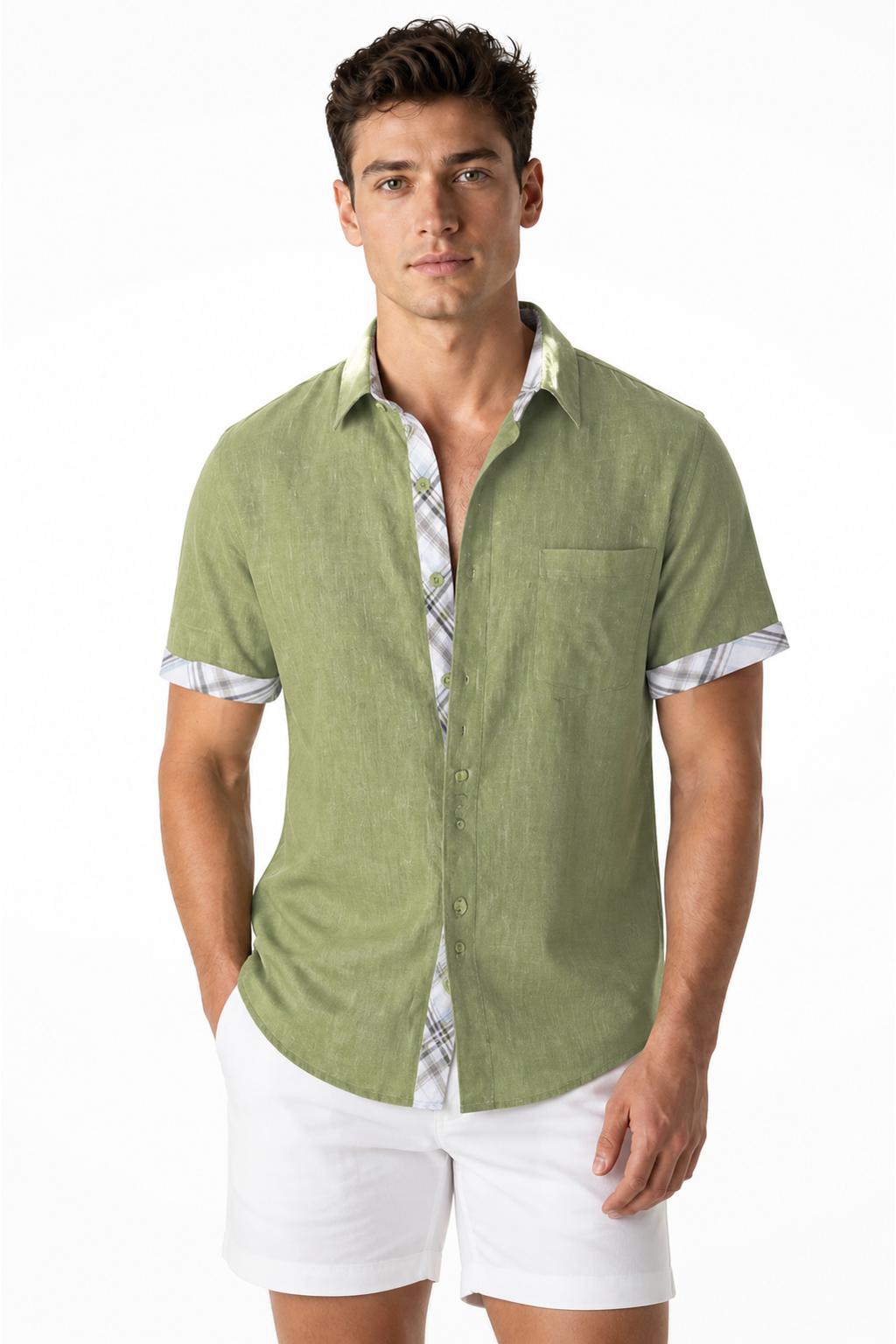Men's Shirt Plaid Trim Short Sleeves, Green Plaid, front view