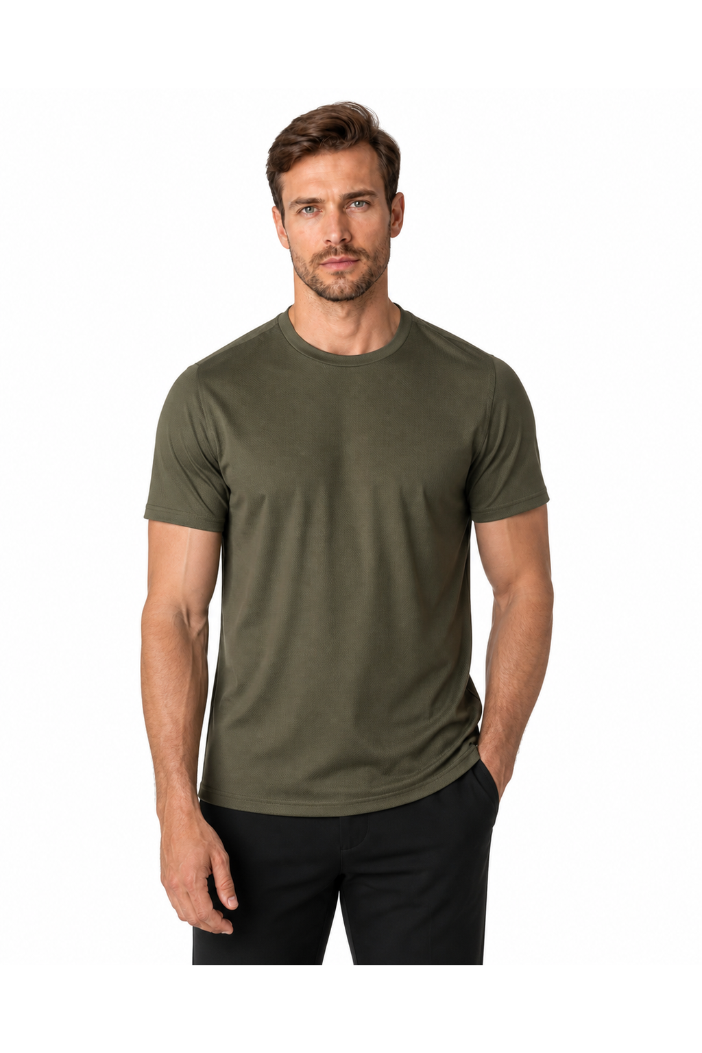 Dennis | Performance Stretch T-Shirt - Green with letter - front - group 5