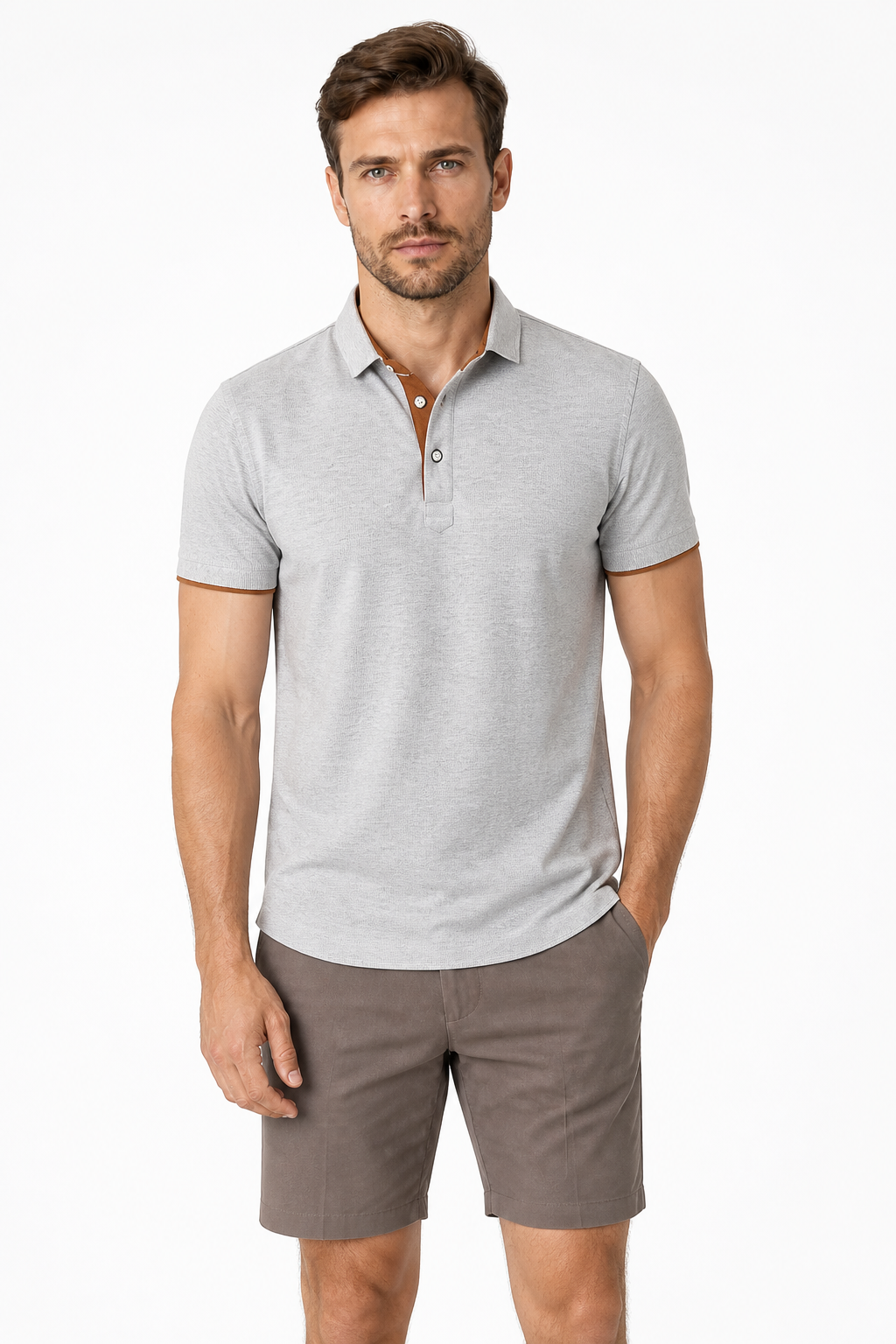 Men's Polo Shirt Contrast Trim Button Collar, Grey and coffee, front view