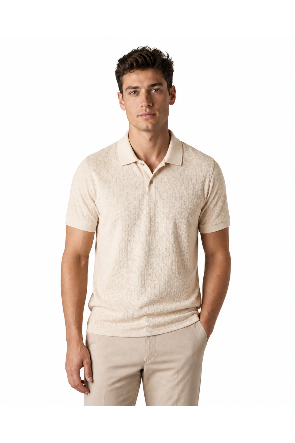 James | Textured Button Polo Shirt - Khaki - front - group 5