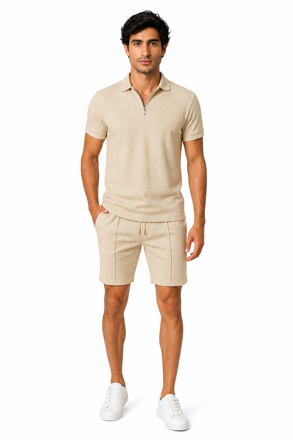 Men's Polo Shorts Set Waffle Knit Half Zip, Khaki, front view