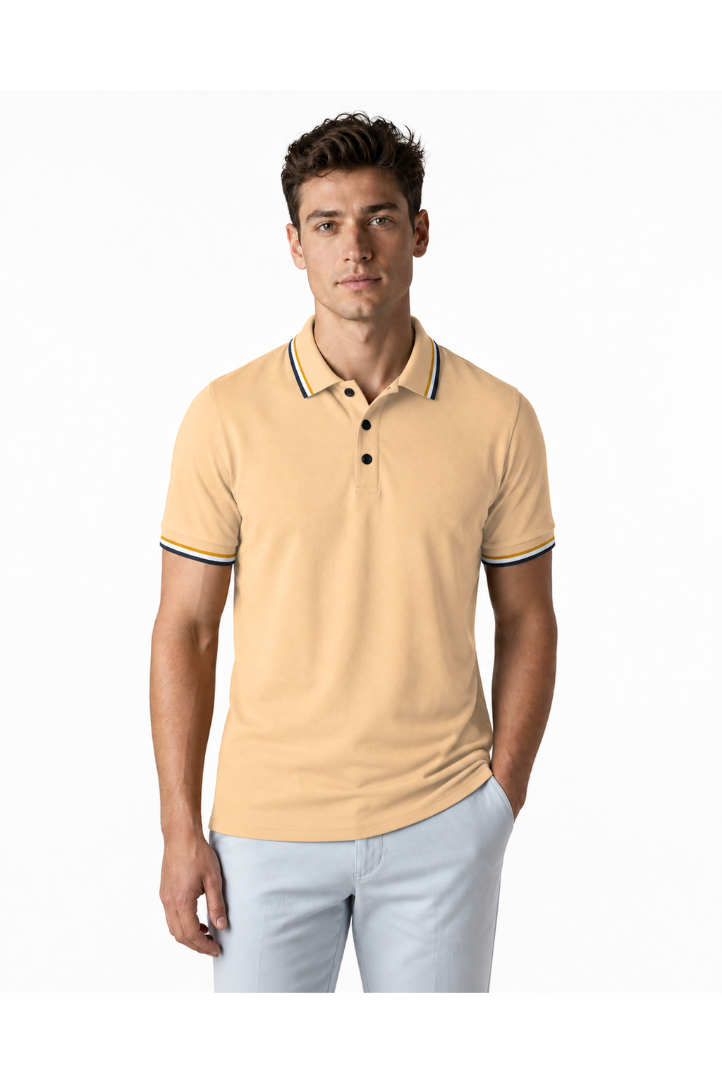 Isaac | Ribbed Stripe Polo Shirt - Light Yellow - front - group 5