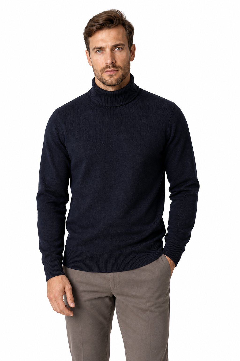 Men's Turtleneck Sweater Fleece Lining Warm Knit, Navy Blue, front view