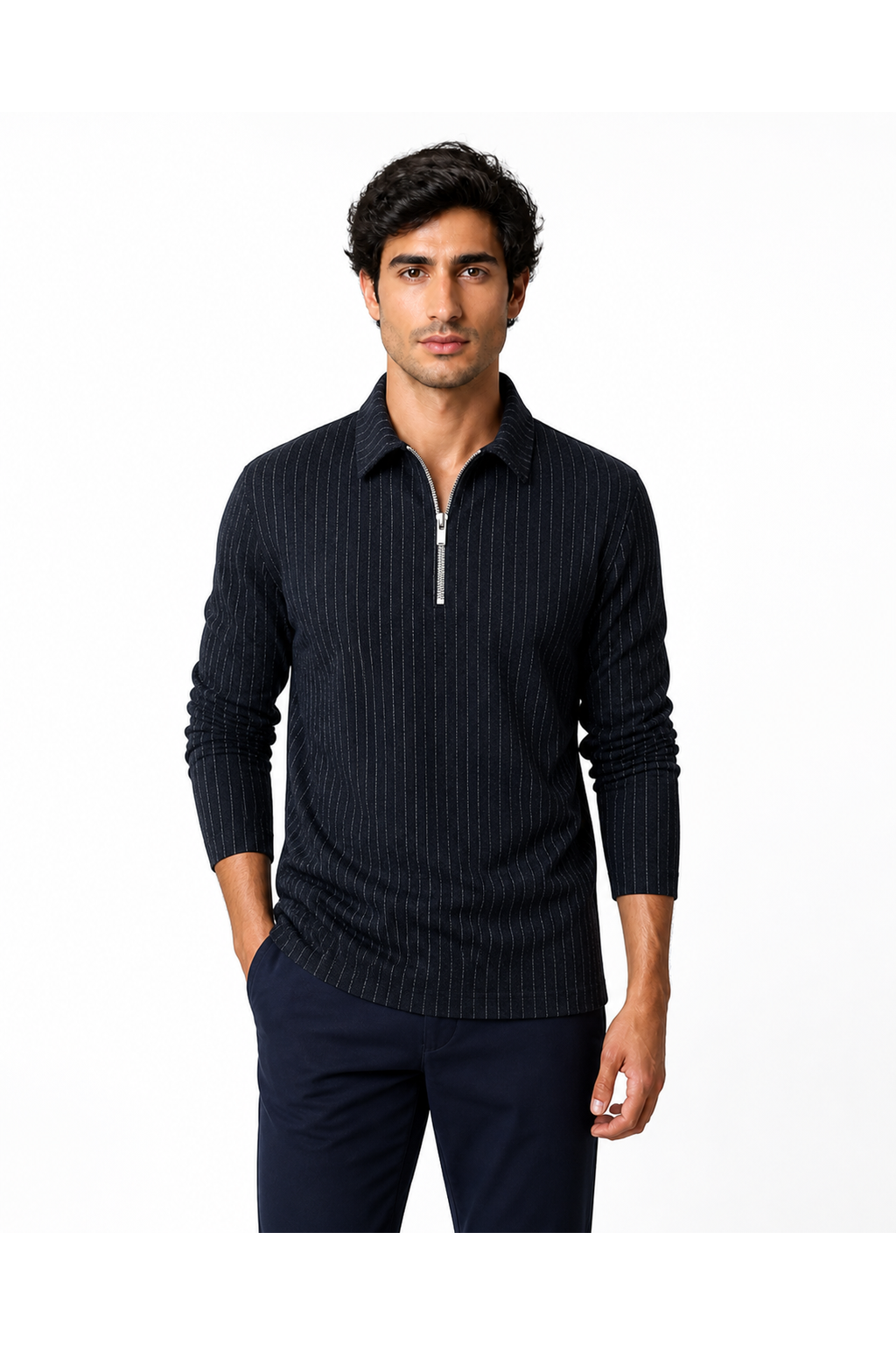 Henry | Striped Half-Zip Polo Sweater - Navy - front - group 5