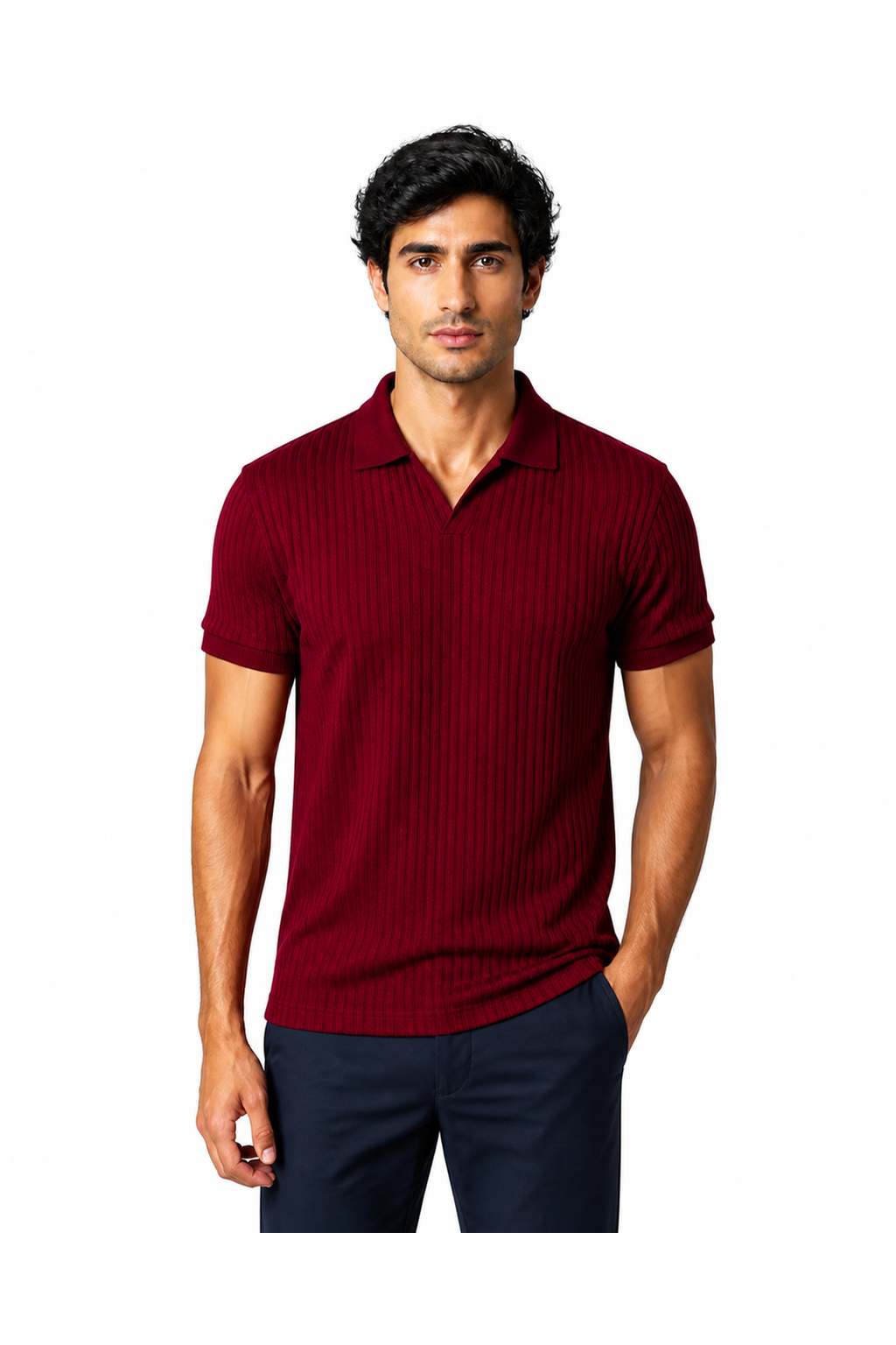 Marcus | Vertical-Rib V-Neck Polo - Purplish Red - front - group 5
