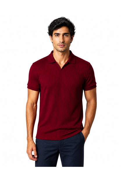 Marcus | Vertical-Rib V-Neck Polo - Purplish Red - front - group 5