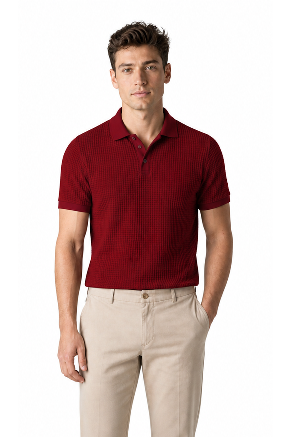 Ethan Textured Waffle Polo Shirt - Red - front