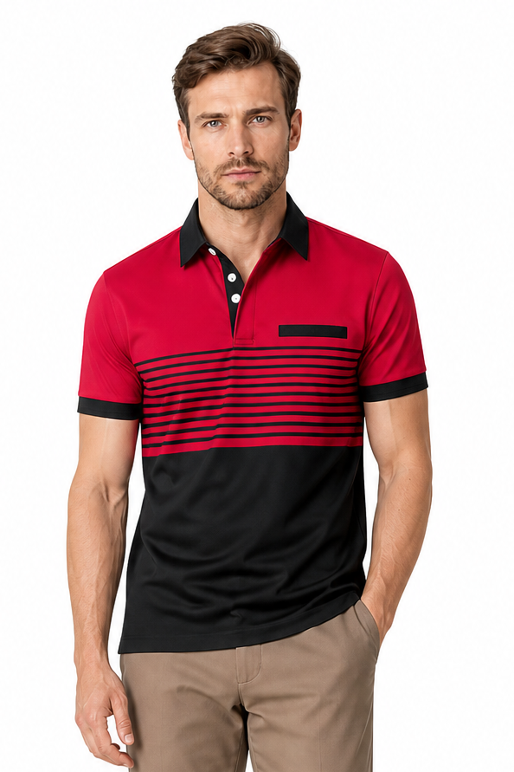 Men's Polo Shirt Striped Design Chest Pocket, Red, front view