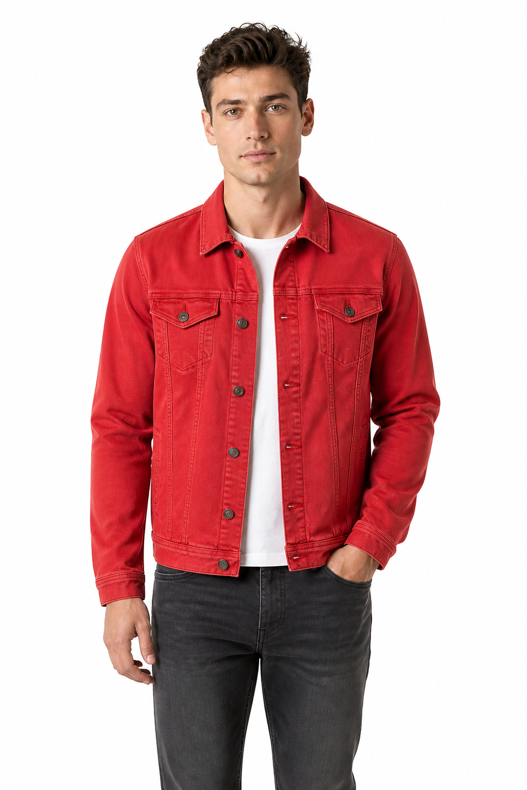 Men's Trucker Jacket Classic Denim Button Front, Rose red, front view