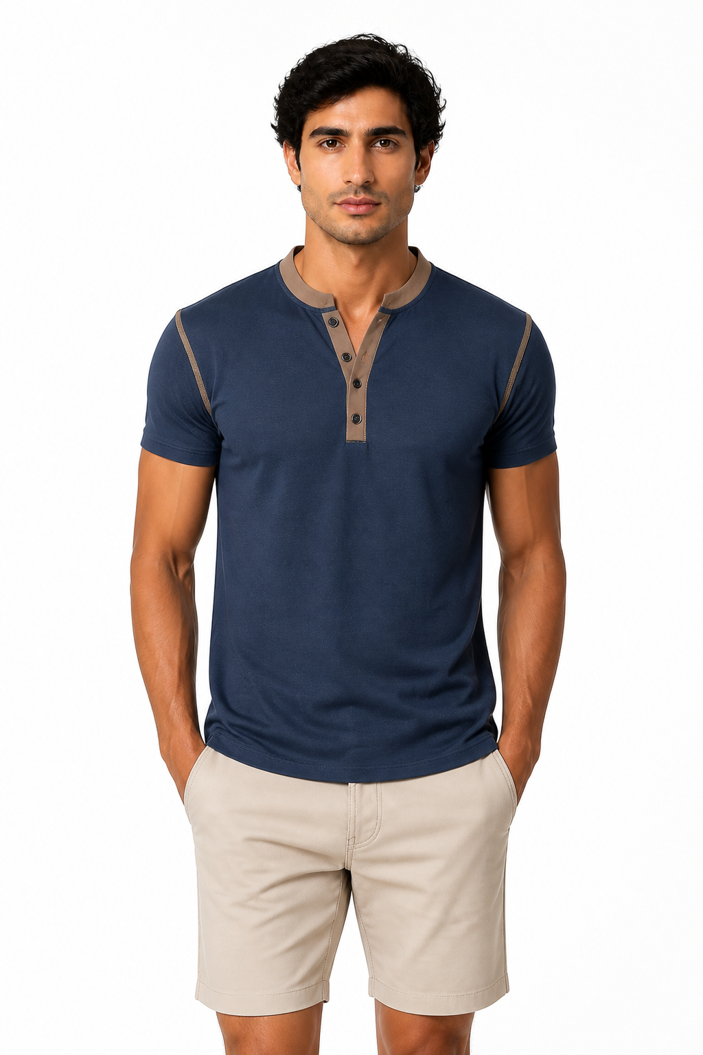 Men's Henley Shirt Contrast Trim Short Sleeves, Royal Blue, front view