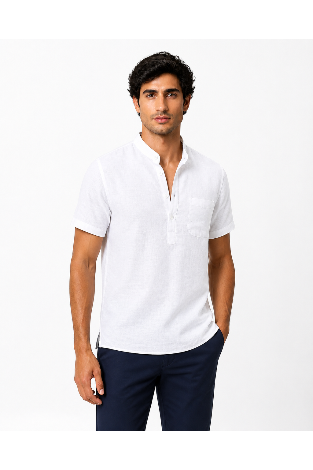 Theo | Casual Linen V-Neck Shirt - White - front - group 5