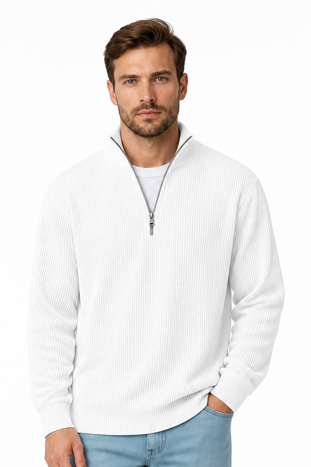 Men's Sweatshirt Corduroy Texture Quarter Zip, White, front view