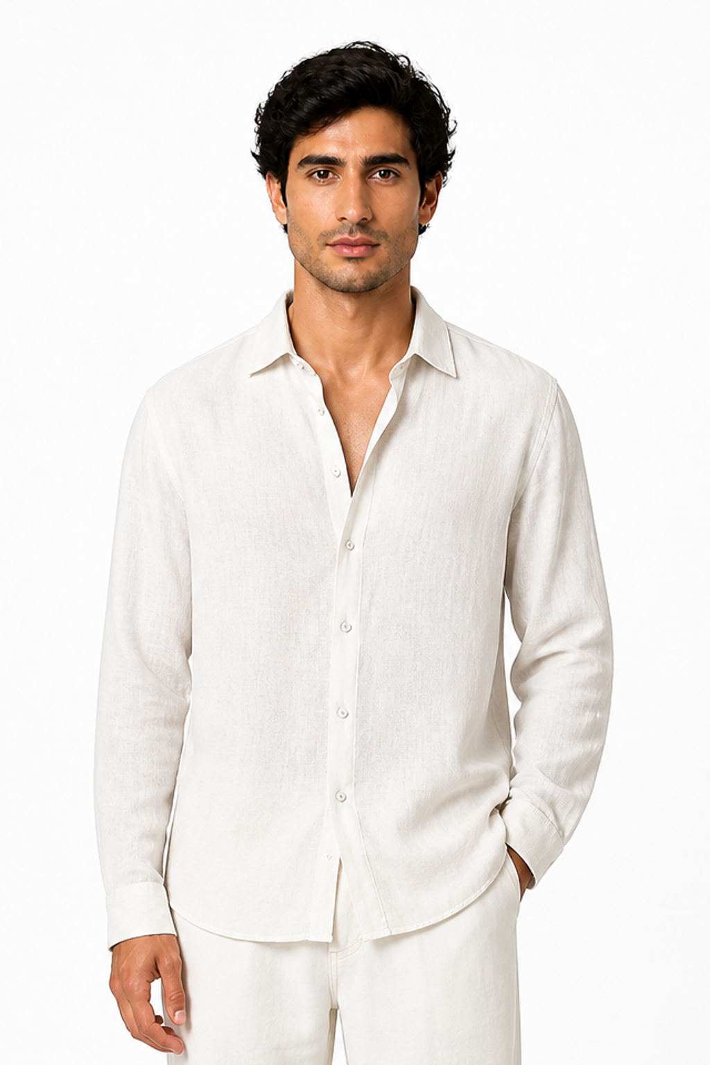 Men's Button-Up Shirt Relaxed Fit Long Sleeves, White, front view