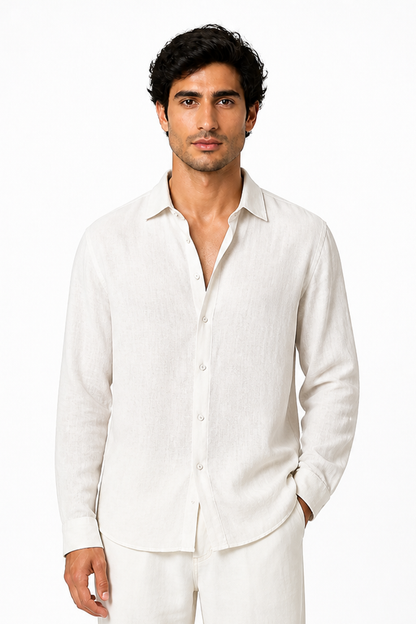 Men's Button-Up Shirt Relaxed Fit Long Sleeves, White, front view