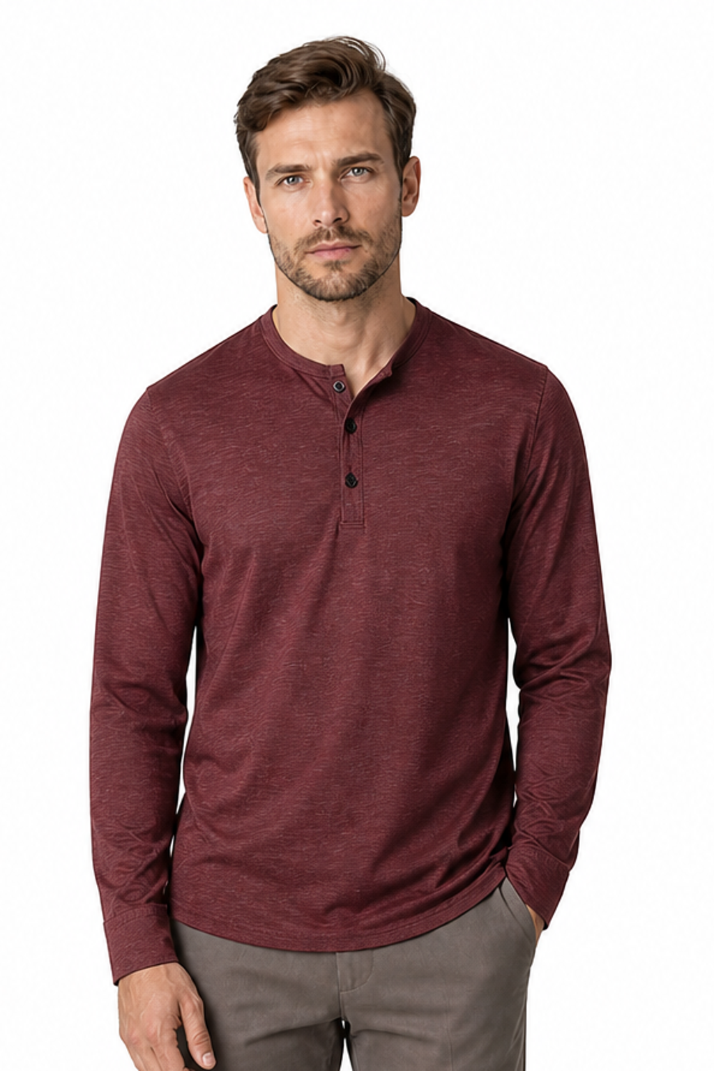 Men's Henley Shirt Long Sleeves Casual Fit, Wine Red, front view