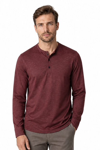 Men's Henley Shirt Long Sleeves Casual Fit, Wine Red, front view