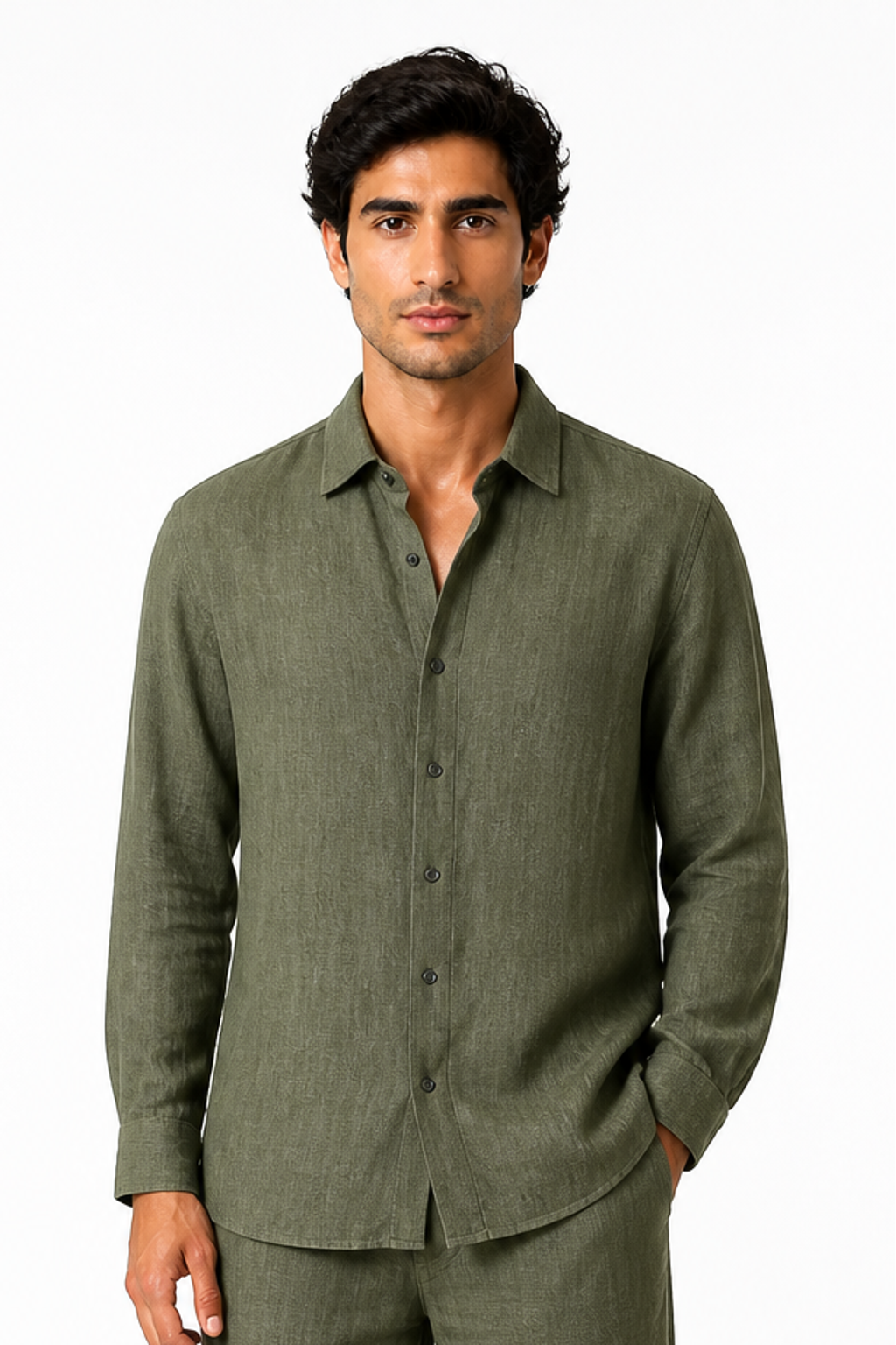 Men's Button-Up Shirt Relaxed Fit Long Sleeves, Army Green, front view