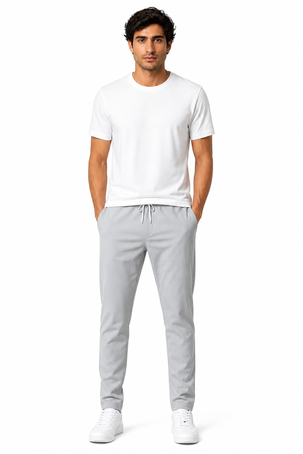 Men's Trousers Lightweight Fabric Drawstring Waist, Black Light Grey, front view