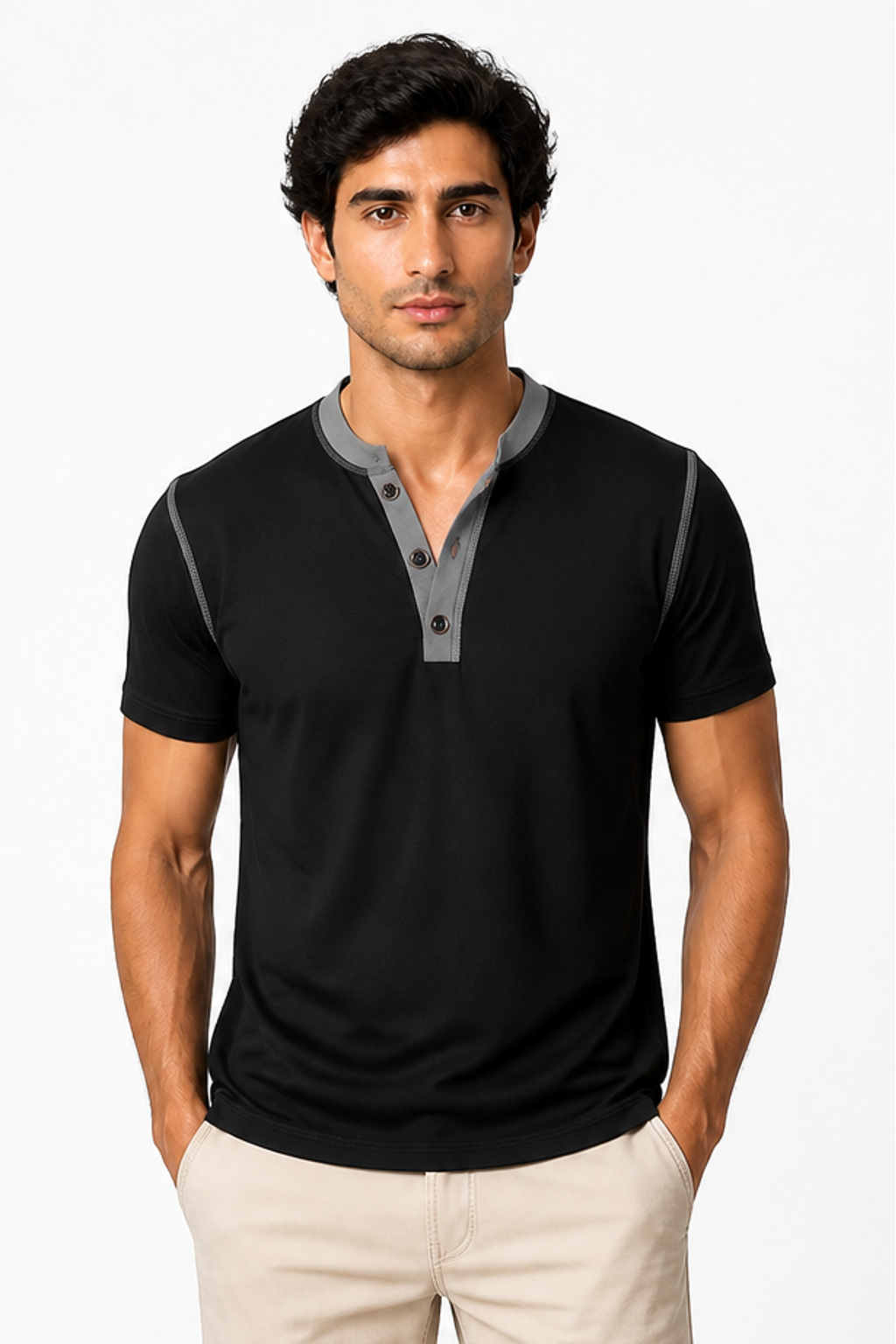Men's Henley Shirt Contrast Trim Short Sleeves, Black, front view
