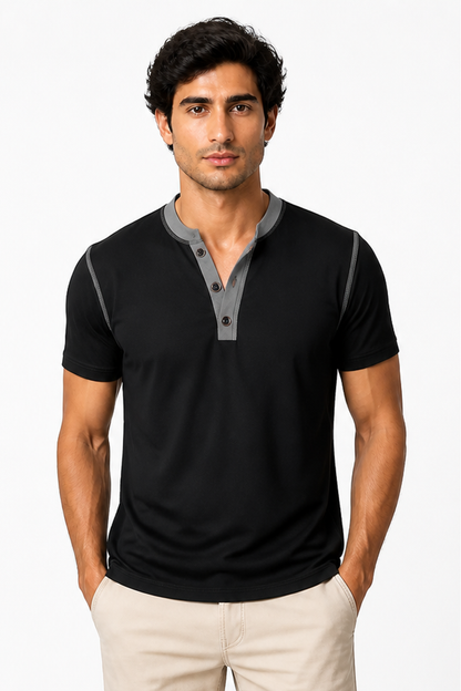 Men's Henley Shirt Contrast Trim Short Sleeves, Black, front view