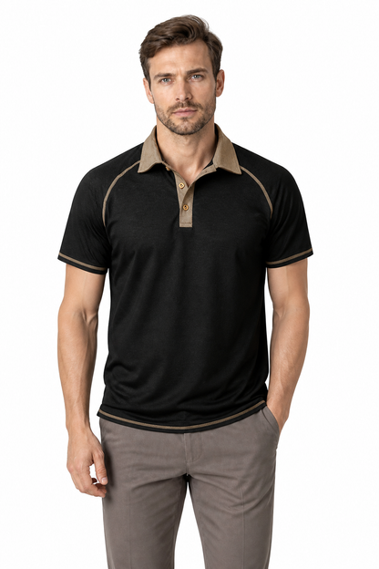 Men's Polo Shirt Contrast Stitching Short Sleeves, Black, front view