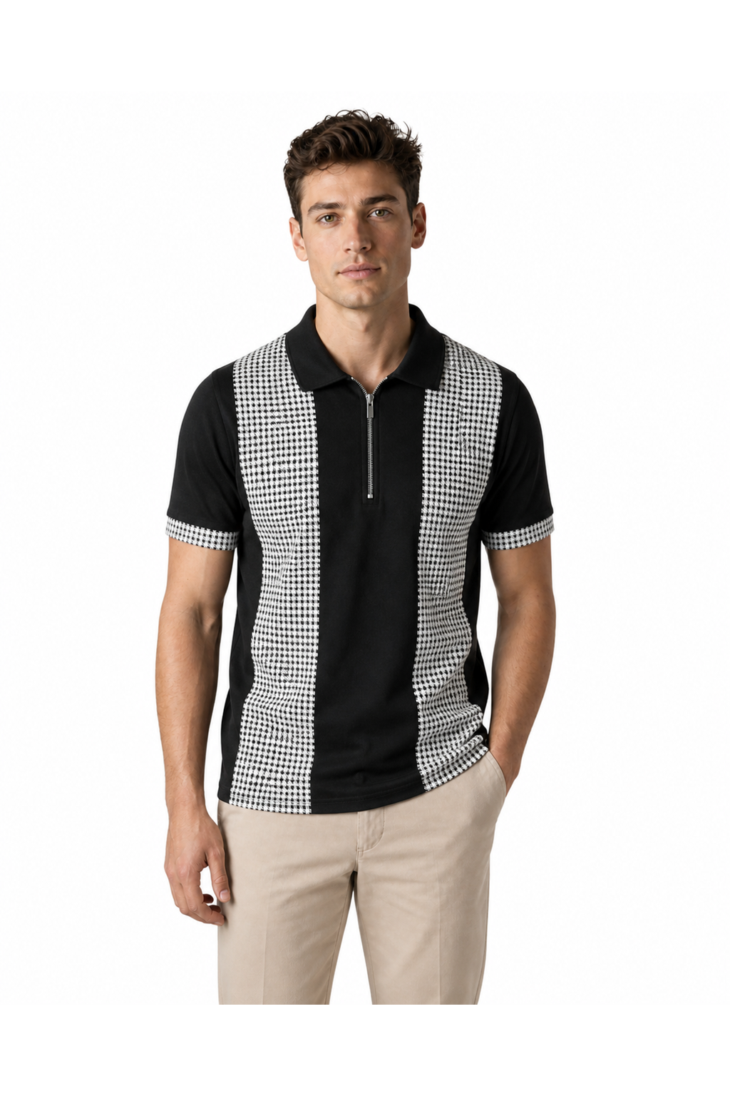 Victor | Check-Pattern Zip Polo - Black - front - group 6