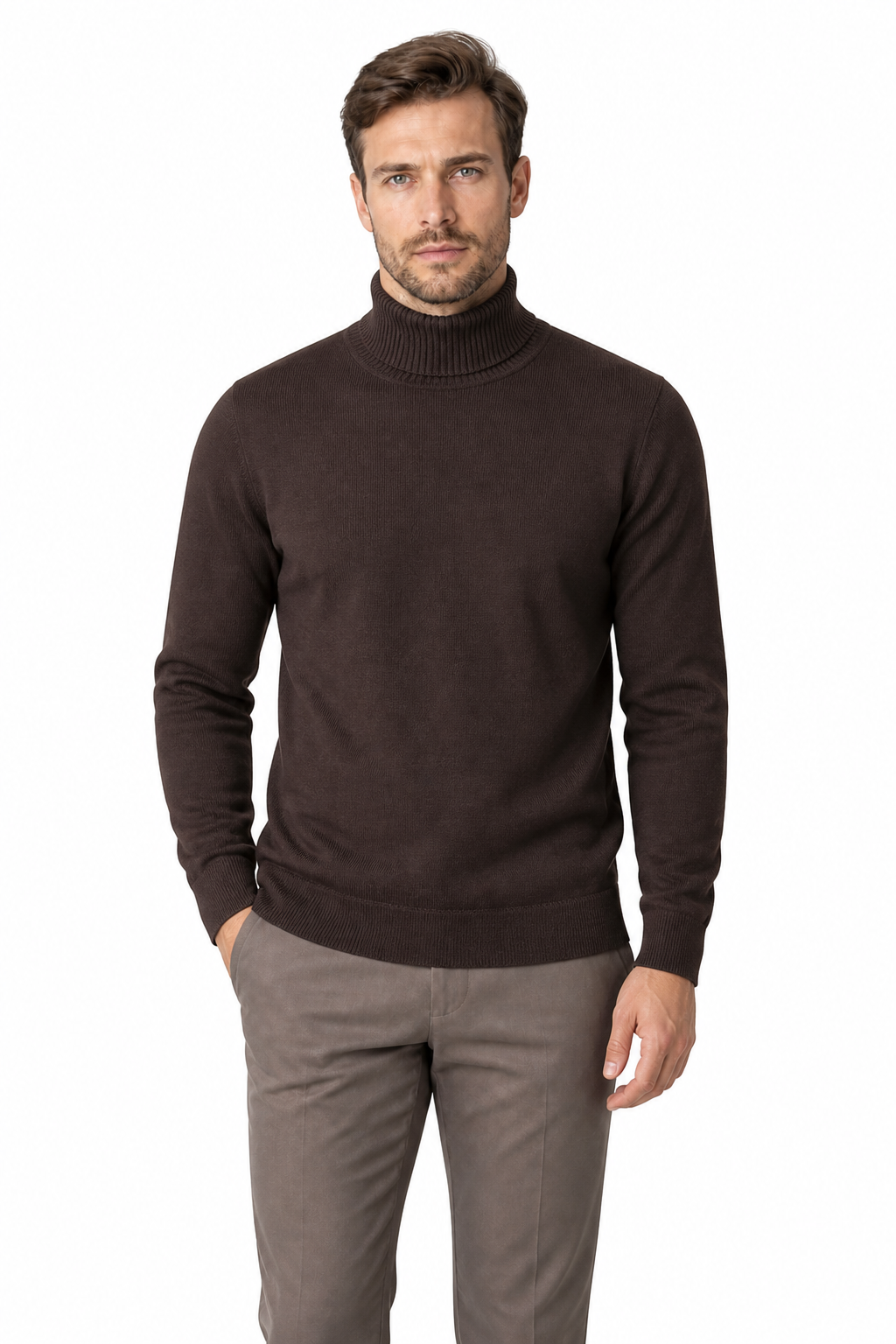 Men's Turtleneck Sweater Fleece Lining Warm Knit, Brown, front view