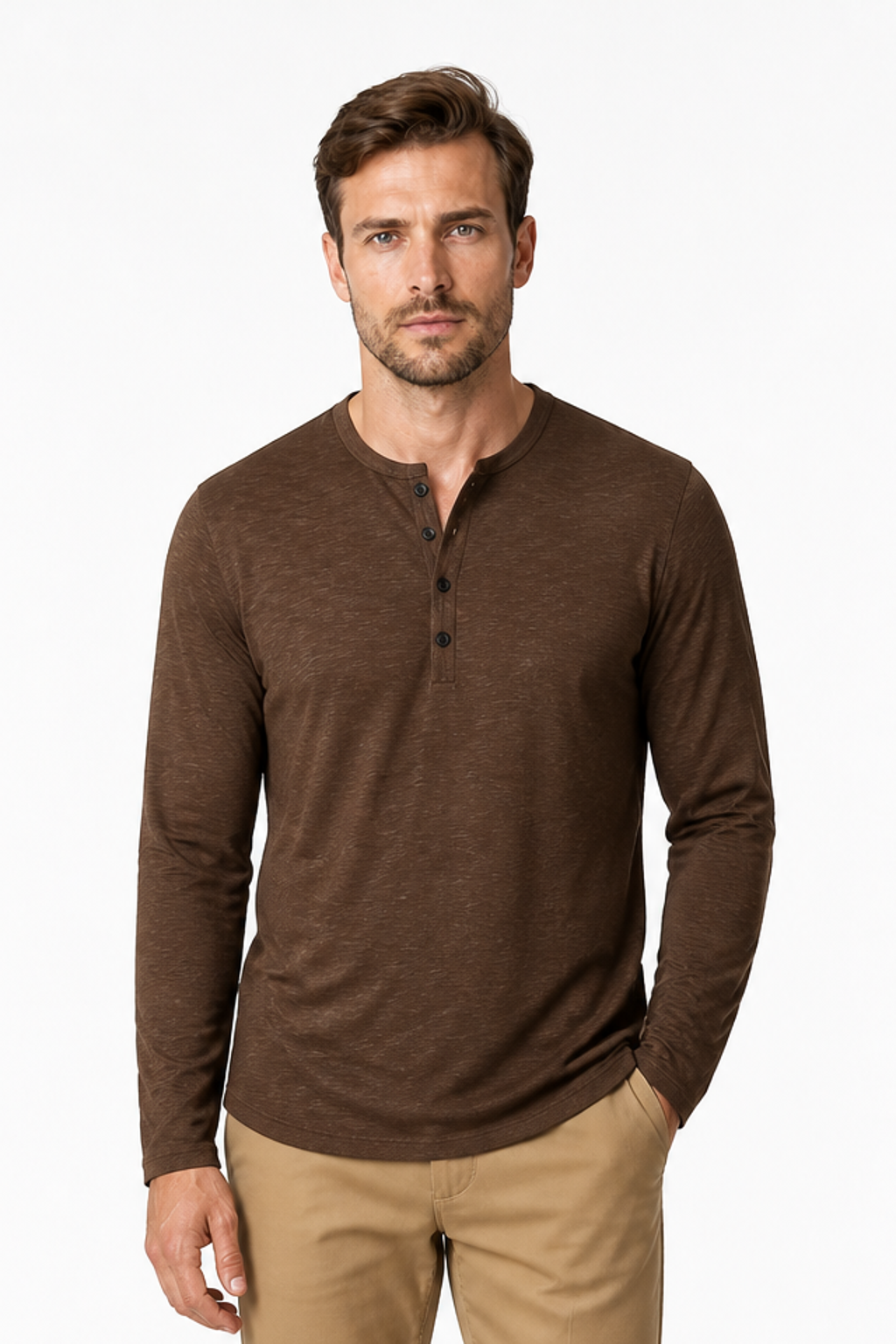 Men's Henley Shirt Long Sleeves Casual Fit, Coffee, front view
