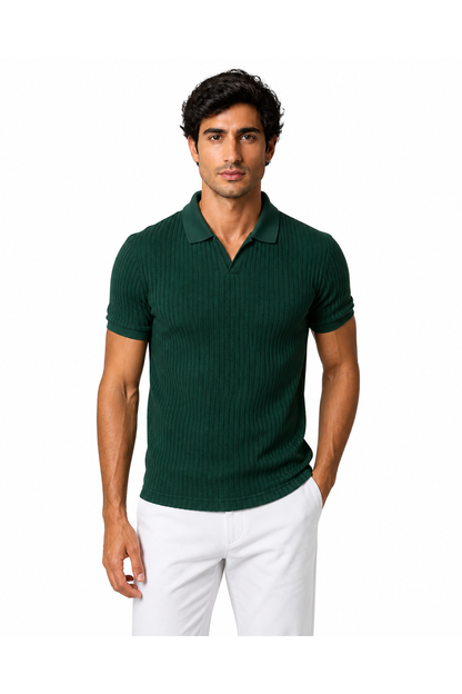 Marcus | Vertical-Rib V-Neck Polo - Dark Green - front - group 6