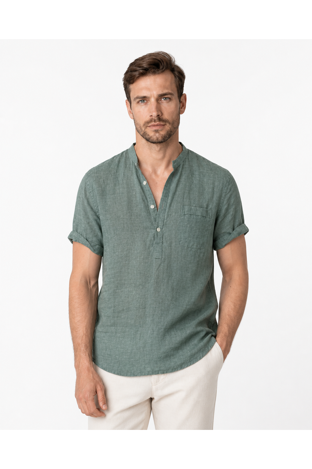 Adrian | Relaxed Linen V-Neck Shirt - Dark green - front - group 6