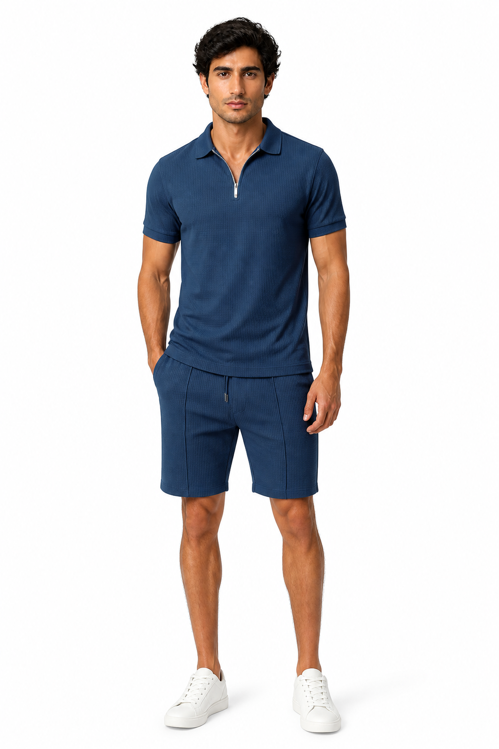 Men's Polo Shorts Set Waffle Knit Half Zip, Denim Blue, front view